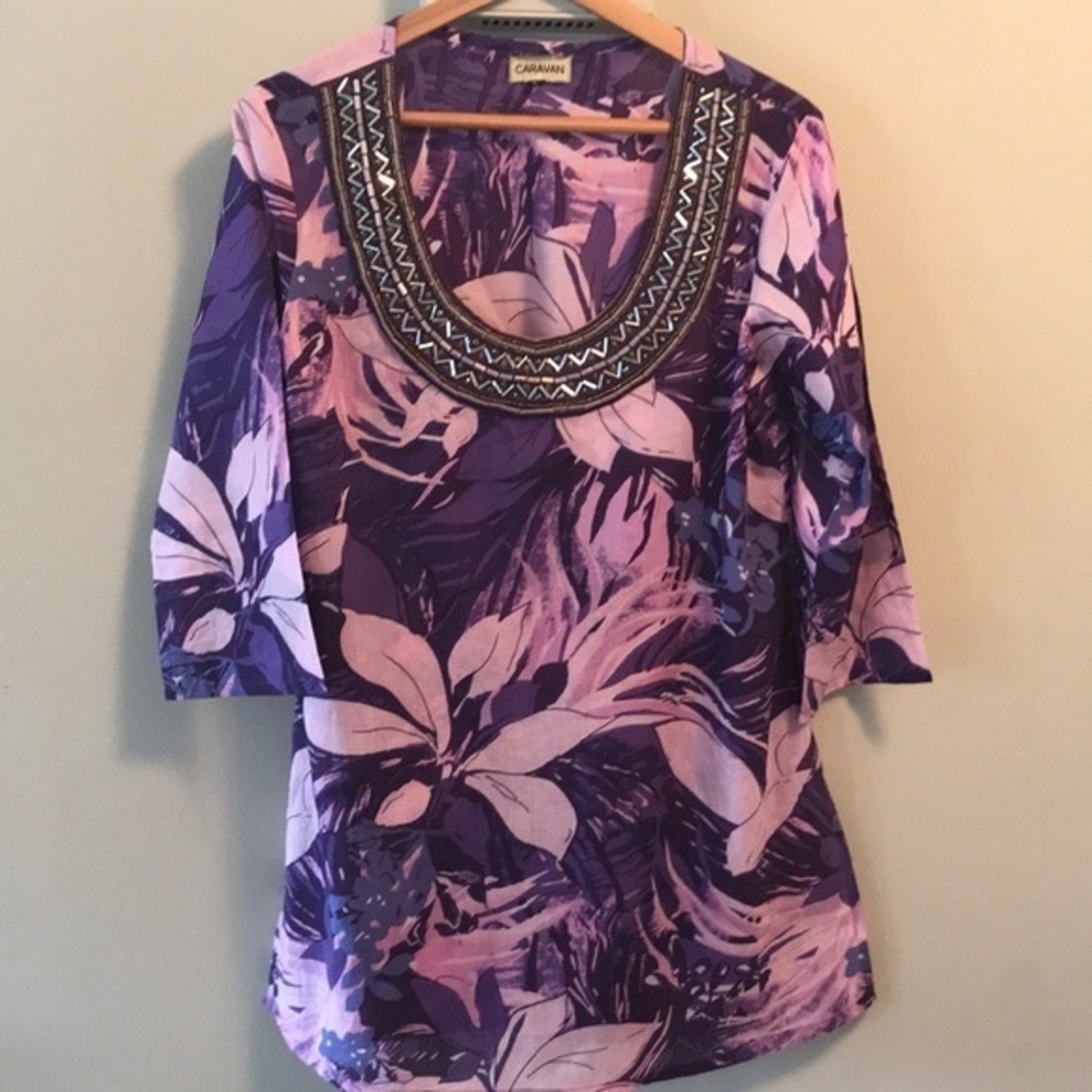 Caravan Indian cotton lilac‎ beaded neck coverup